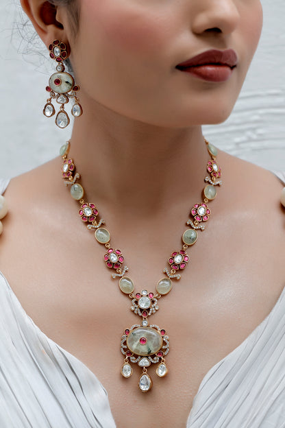 semi precious stone phrenite, cubic zirconia, pota ruby, moissanite polki kundan tyaani inspired long necklace with drop earrings