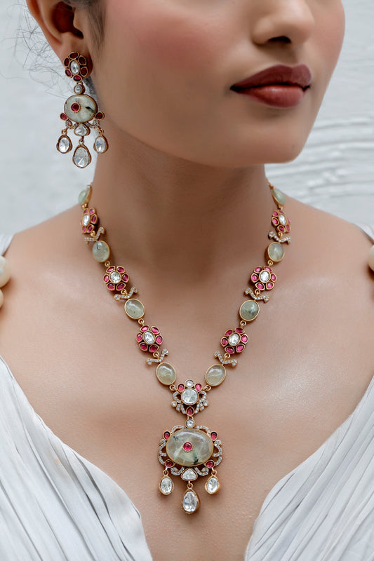 semi precious stone phrenite, cubic zirconia, pota ruby, moissanite polki kundan tyaani inspired long necklace with drop earrings
