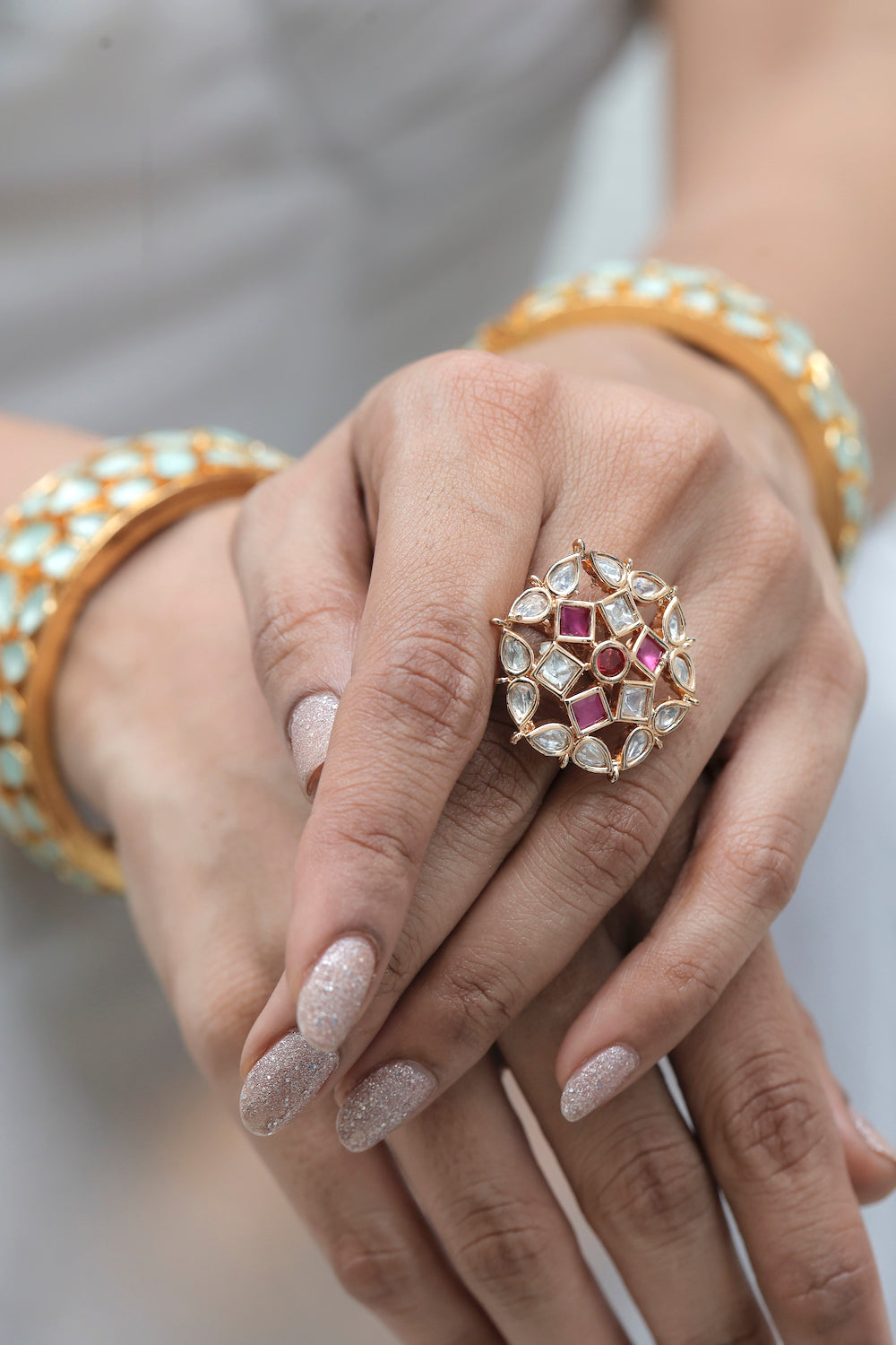 tyaani moissanite kundan finger ring polki