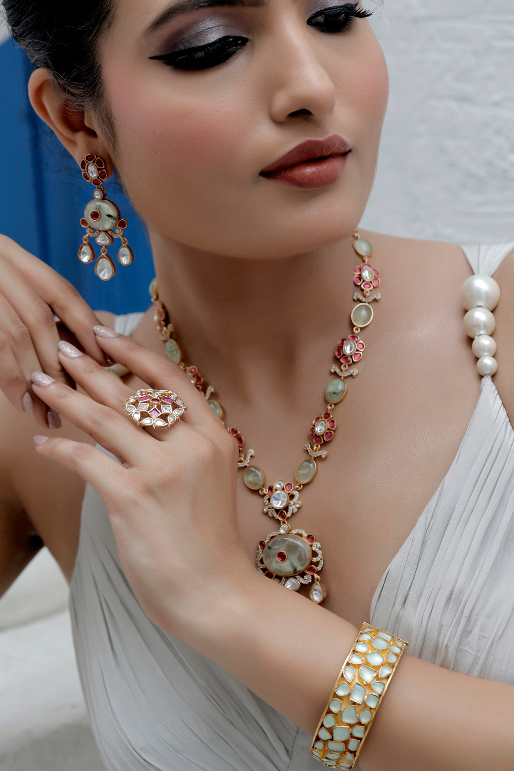 semi precious stone phrenite, cubic zirconia, pota ruby, moissanite polki kundan tyaani inspired long necklace with drop earrings