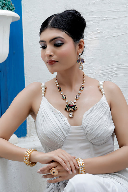 holdali inlay work moissanite long necklace with drop earrings
