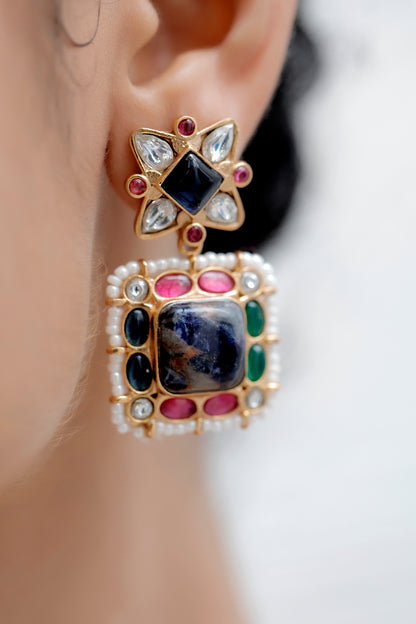 semi precious lapis lazuli sodalite with green and pota ruby kundans in matte gold polish unique middle length necklace with drop earrings