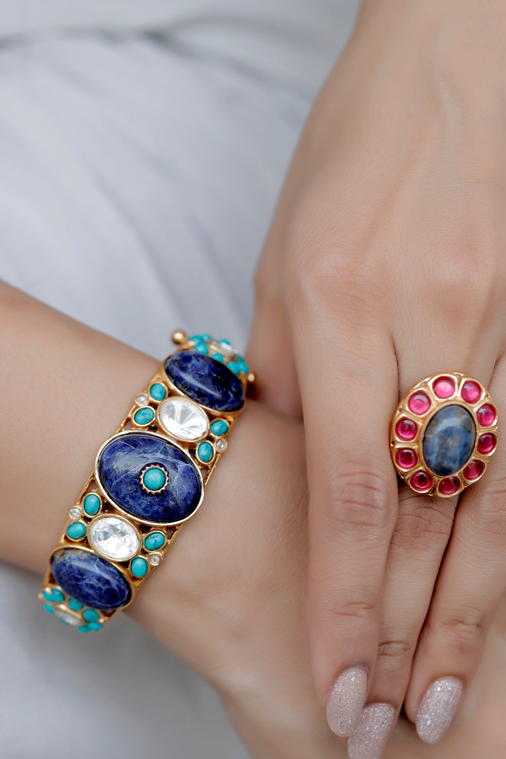 semi precious stone jewellery lapis lazuli matte gold moissanite openable bangle bracelet real look alike