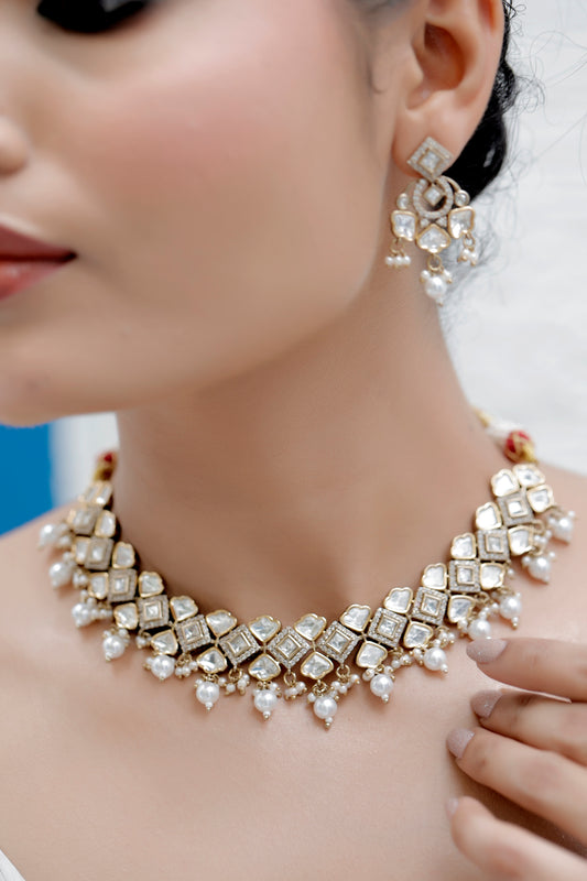 moissanite kundan Cubic Zirconia choker necklace with dainty drop earrings