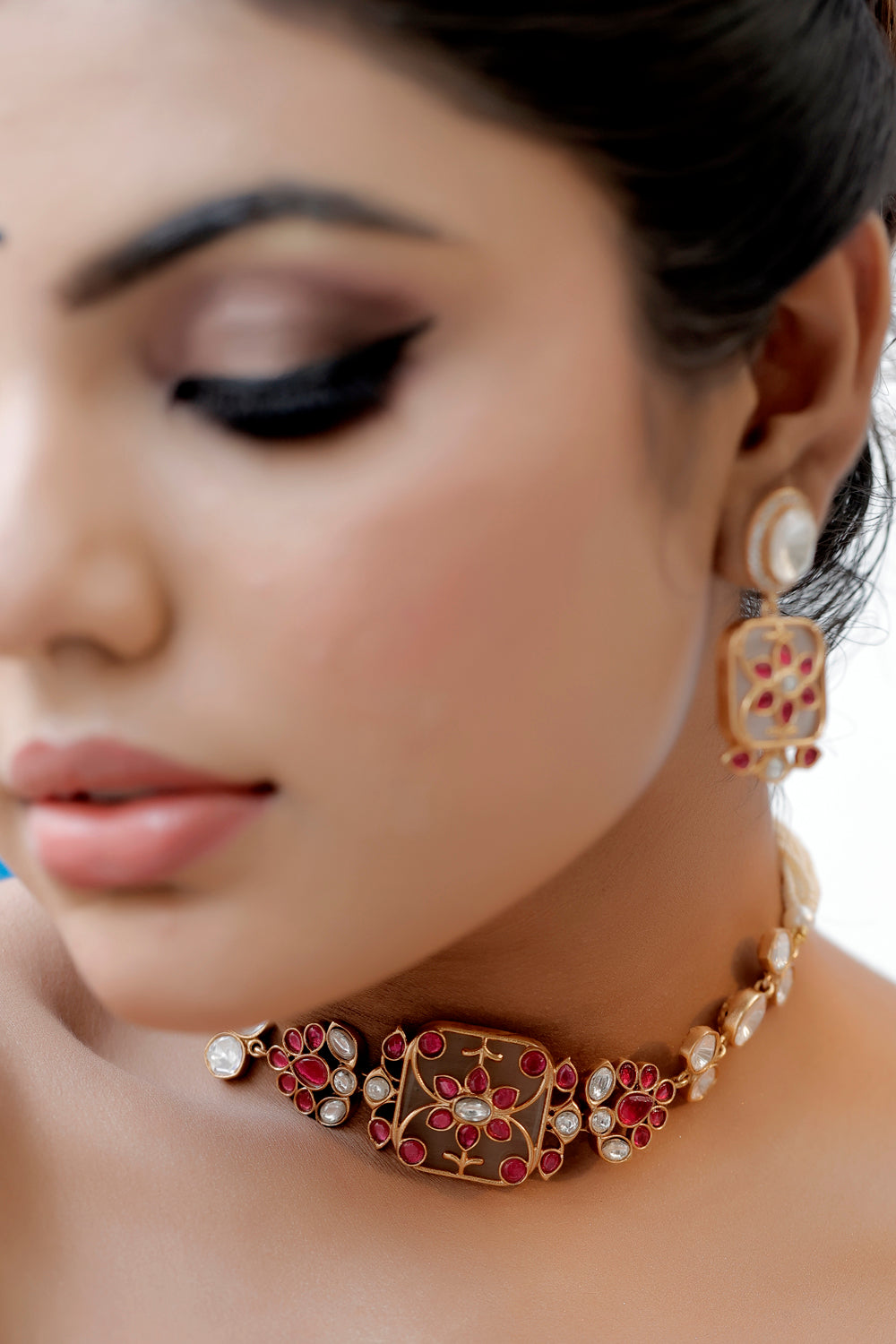 floral design moissanite kundan holdali work inlay work delicate choker sets with cubic zirconia nd drop earrings