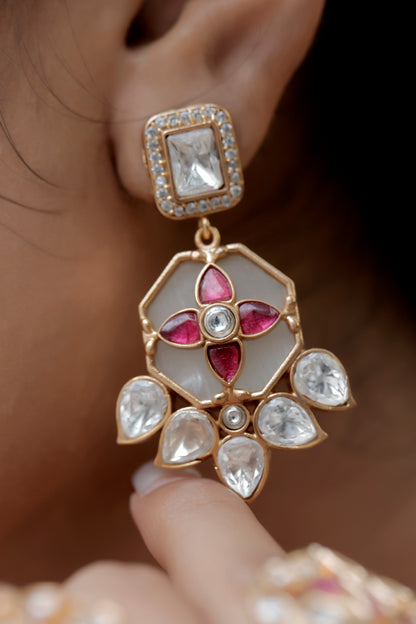 moissanite kundan big pendant with cz and pota ruby studded on white stone long necklace with drop earrings, inlay, holdali, ruby white
