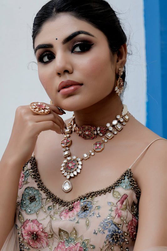 moissanite kundan big pendant with cz and pota ruby studded on white stone long necklace with drop earrings, inlay, holdali, ruby white