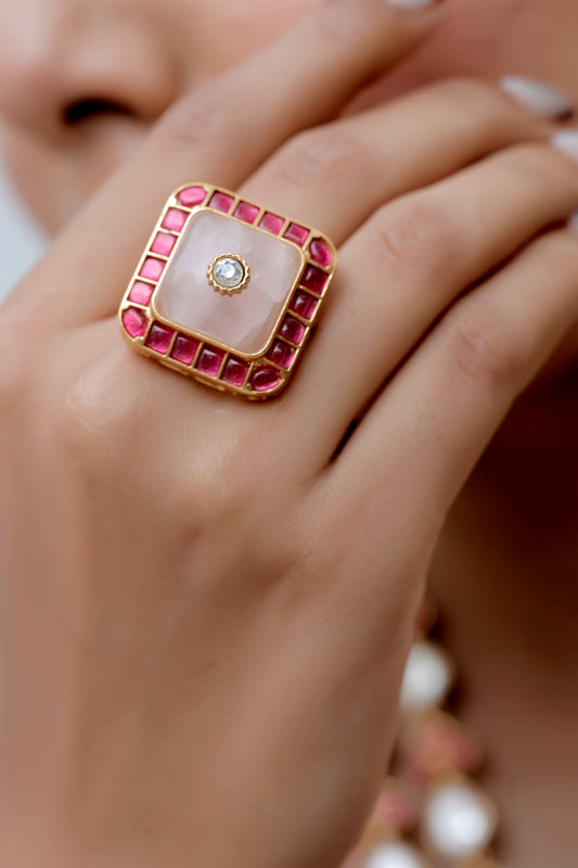 rose quarts semi prociousinlay work finger ring matte gold polish 