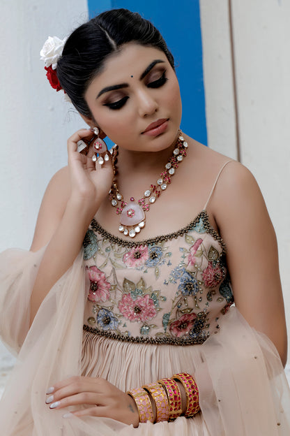 big size rose quartz pendant with inlay pota ruby and moissanite hanging on pendant and double layer kundan pieces mala with big semi precious stone drop earrings bridal choker pastel colours