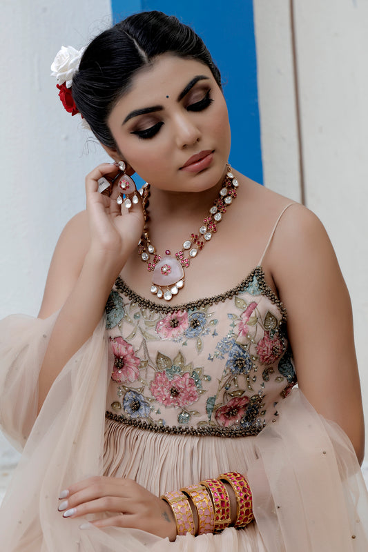 big size rose quartz pendant with inlay pota ruby and moissanite hanging on pendant and double layer kundan pieces mala with big semi precious stone drop earrings bridal choker pastel colours