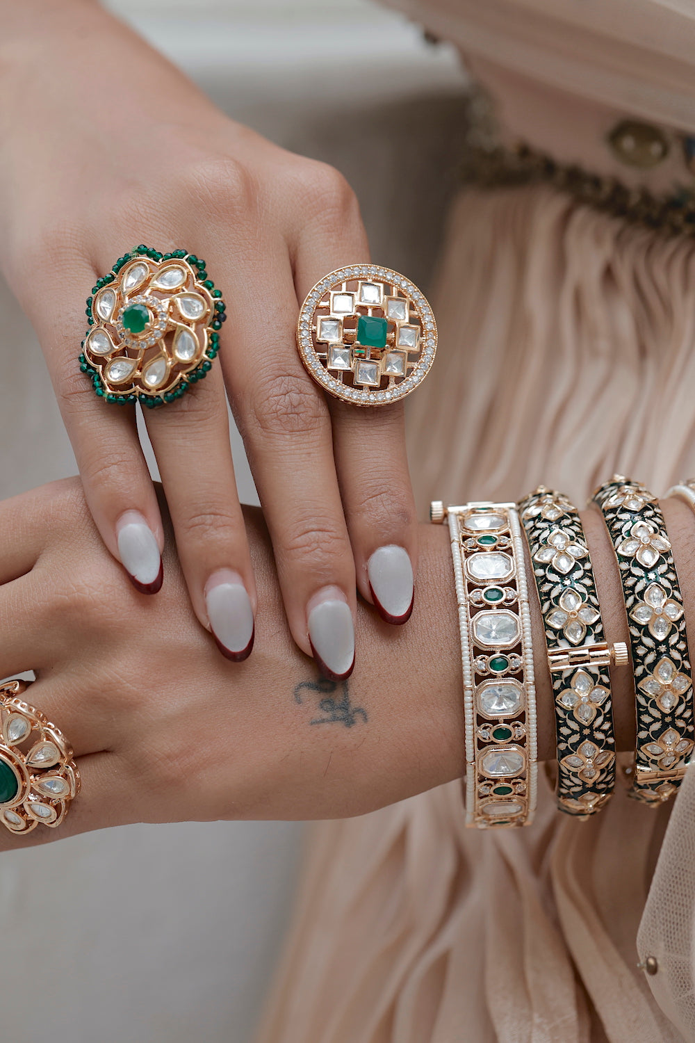 green stone kundan cz statement finger ring