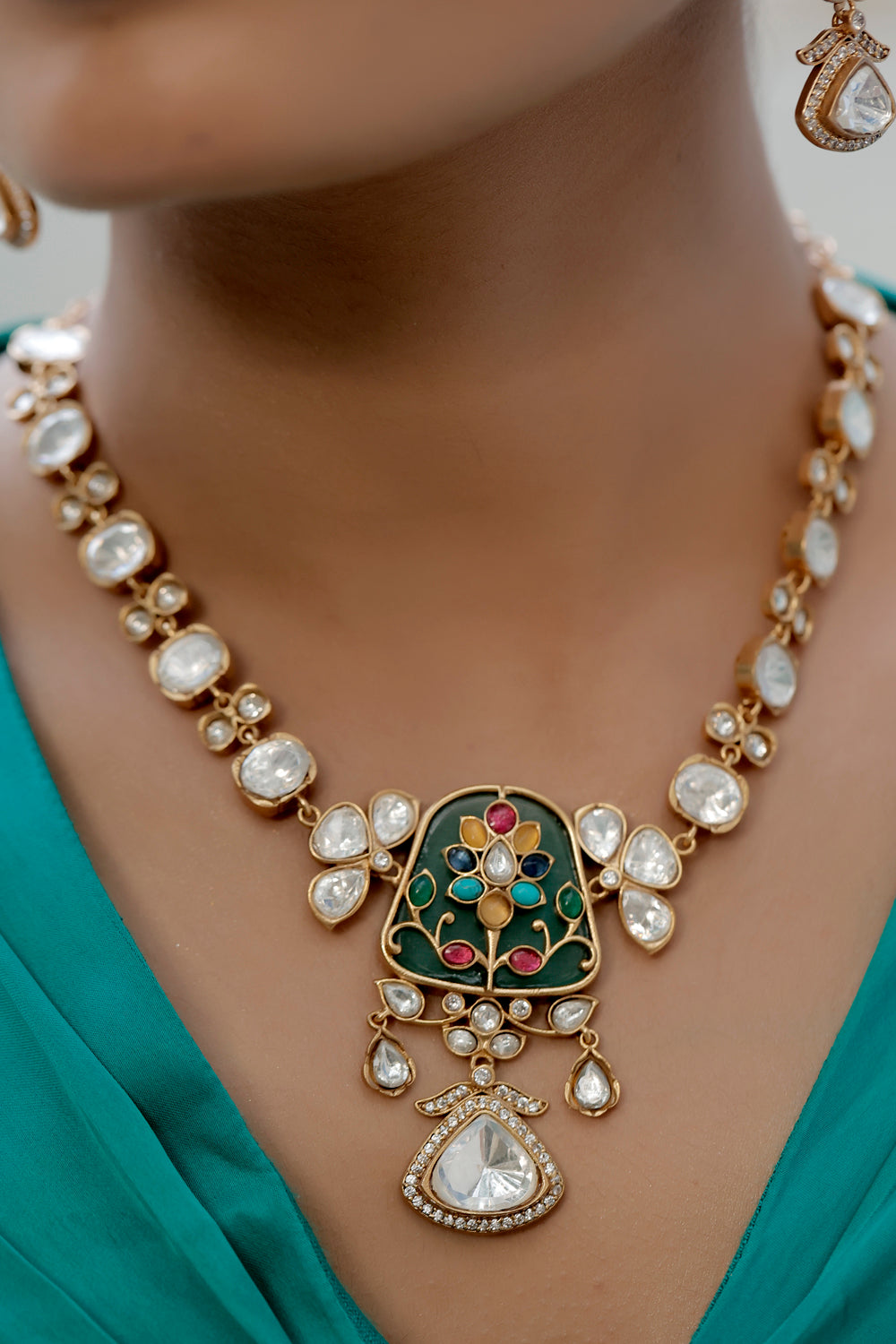 inlay work moissonite kundan zirconia long indian necklace indian bridal jewellery