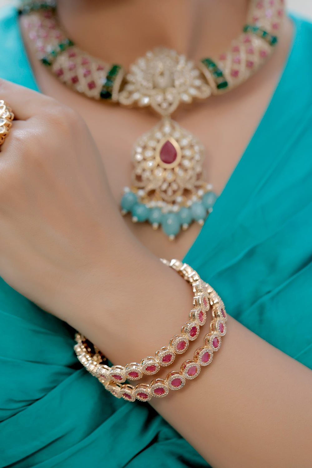 ad zirconia gold polish bangle circular design set of 2