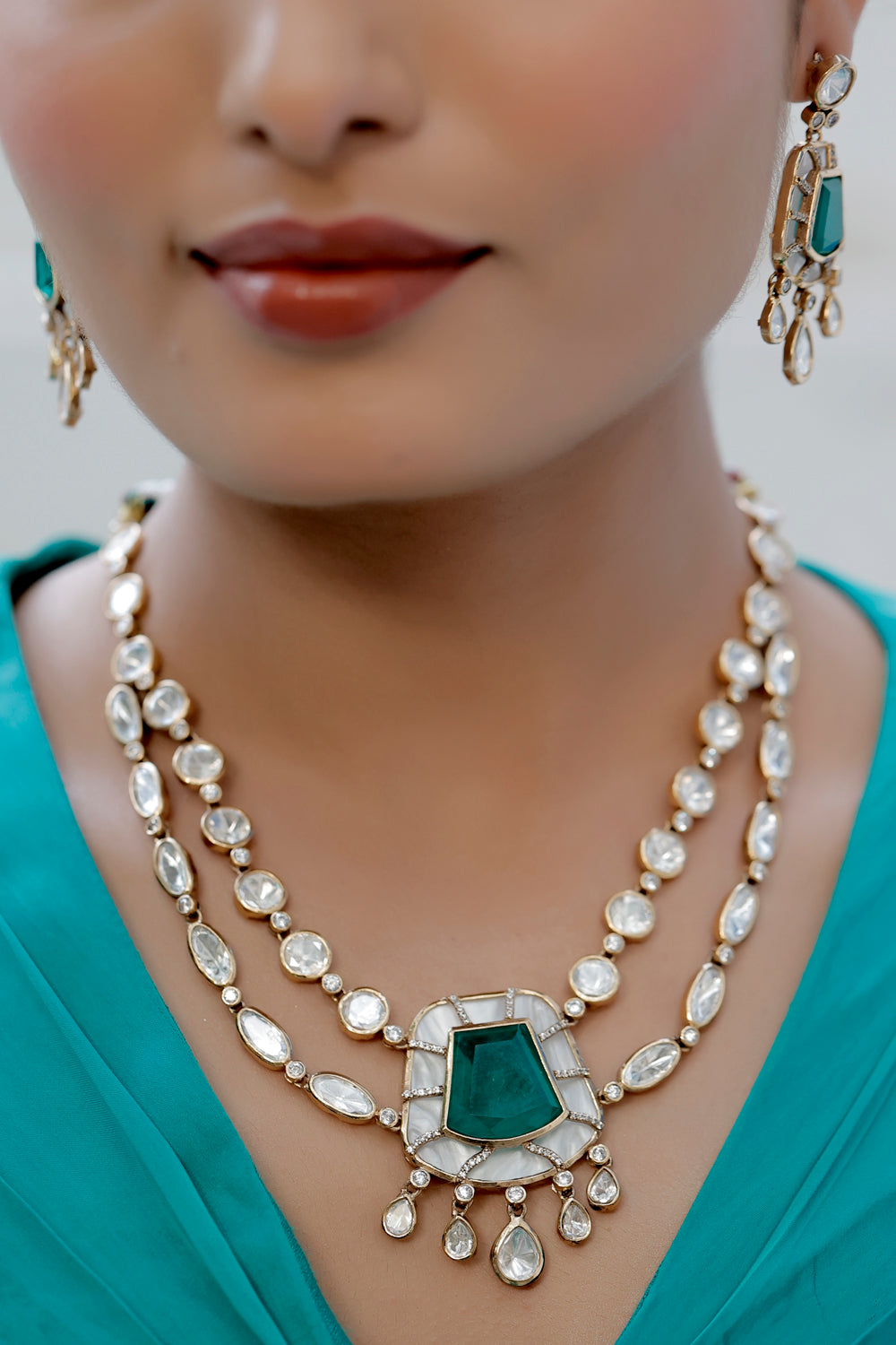 tyani inspired moissanite emerald doublet stone polki double layer necklace wit drop earrings
