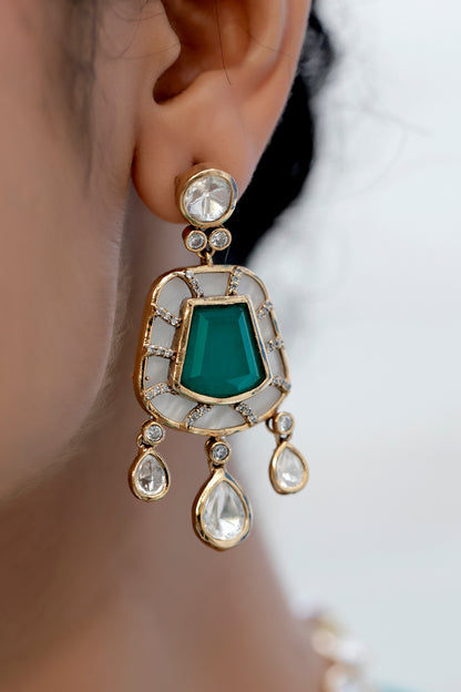 tyani inspired moissanite emerald doublet stone polki double layer necklace wit drop earrings