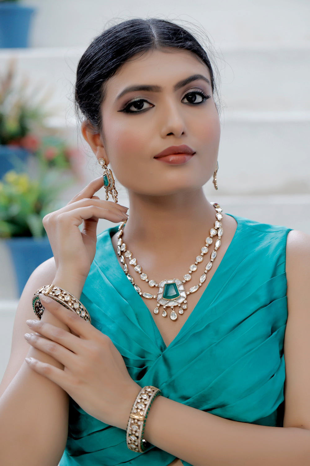tyani inspired moissanite emerald doublet stone polki double layer necklace wit drop earrings victorian polish with matching kundan kangan