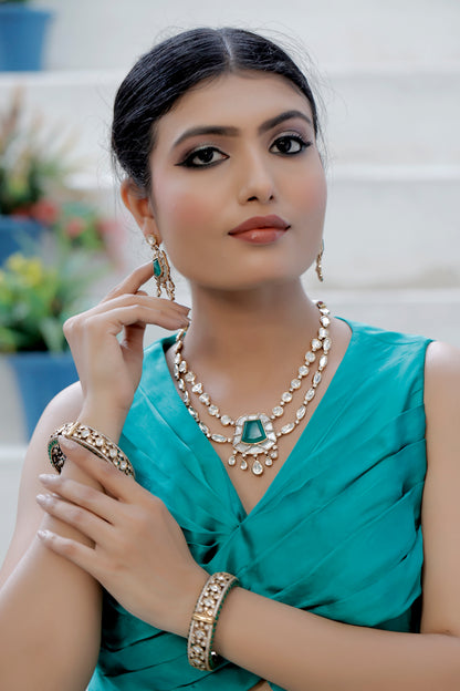 tyani inspired moissanite emerald doublet stone polki double layer necklace wit drop earrings victorian polish with matching kundan kangan