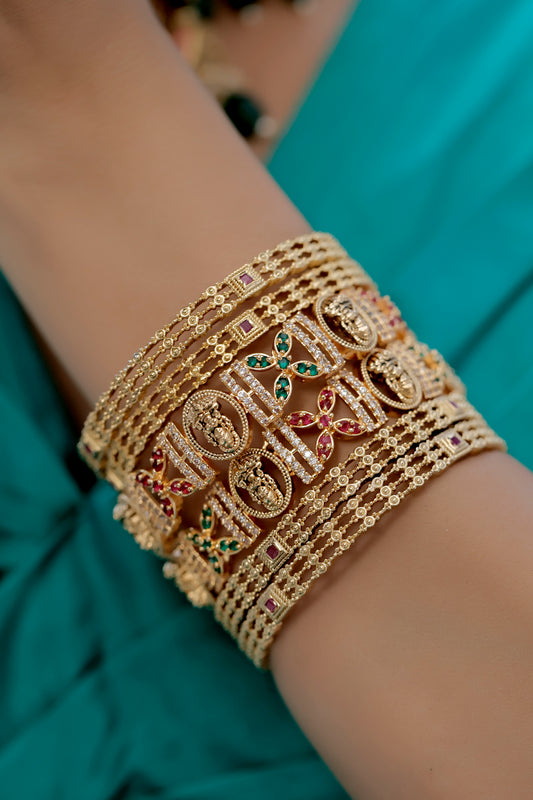 temple raj wadi matte gold antique gold goddess lakshmi zirconia bangle set