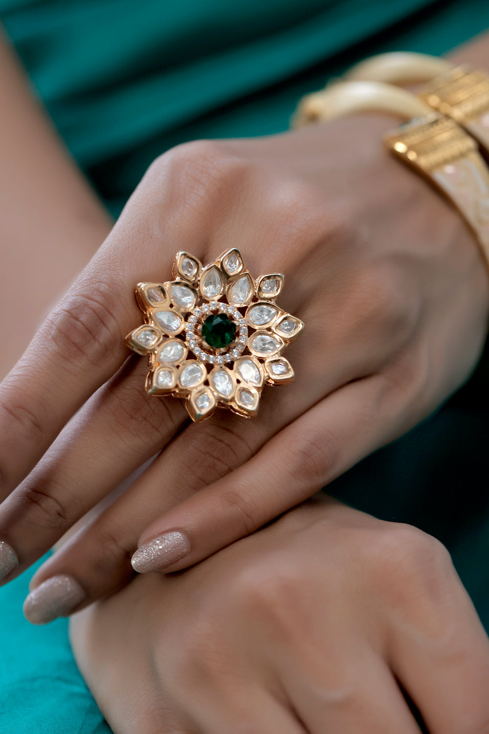 mossanite gold cz kundan fingerring tyaani inspired