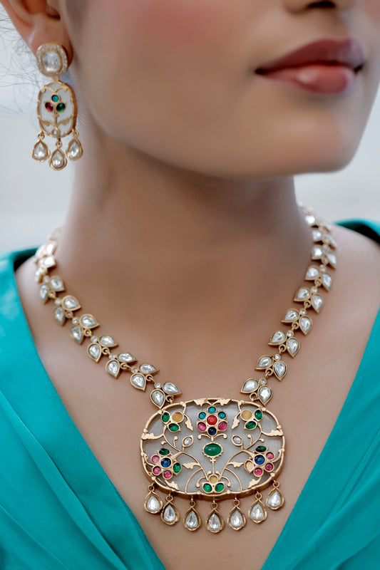 multicolour stone inlay on white stone with moissanite mala and drop earrings