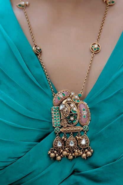 antique finish matte gold heritage holdali stone long necklace earrings set