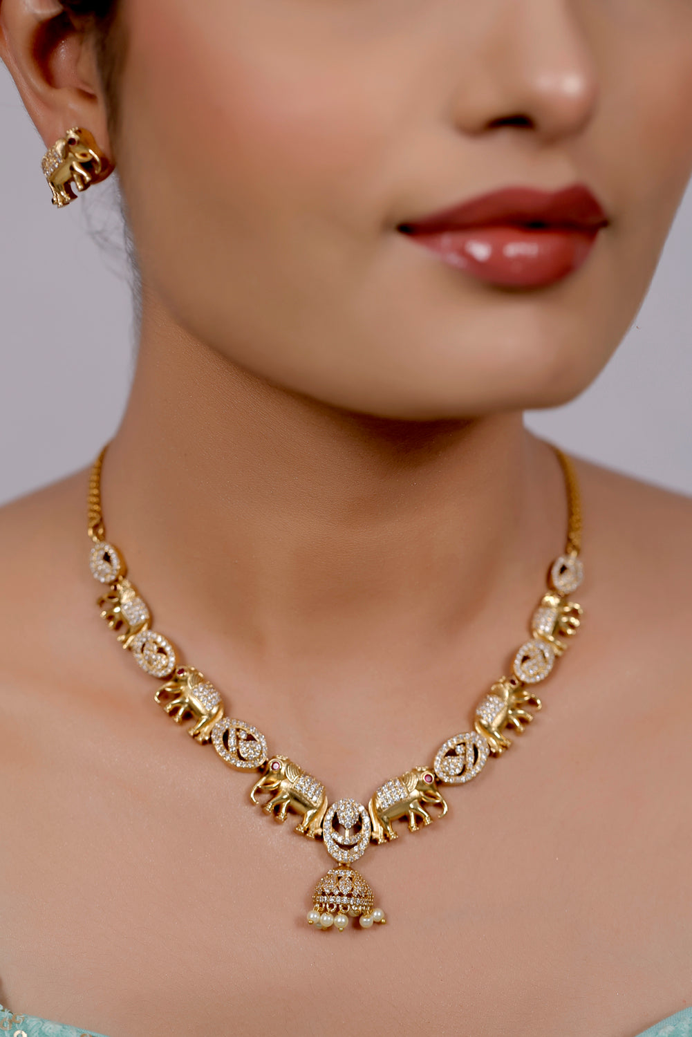 cz stone matte gold necklace set