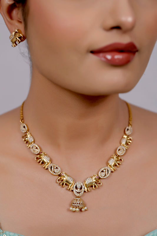 cz stone matte gold necklace set