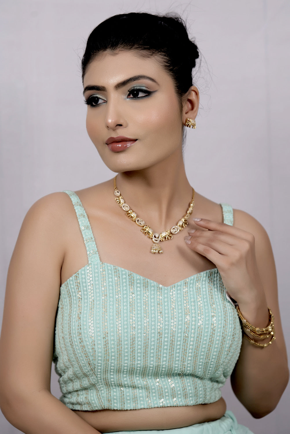 cz stone matte gold necklace set