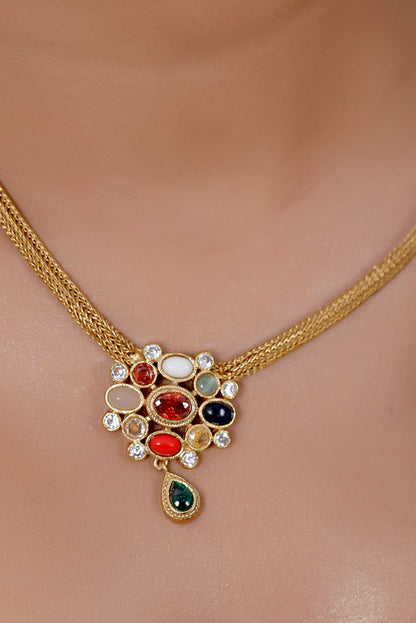 Temple navratna short Necklace Earrings Set 240422