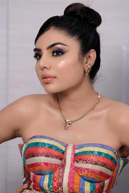 Temple navratna short Necklace Earrings Set 240422