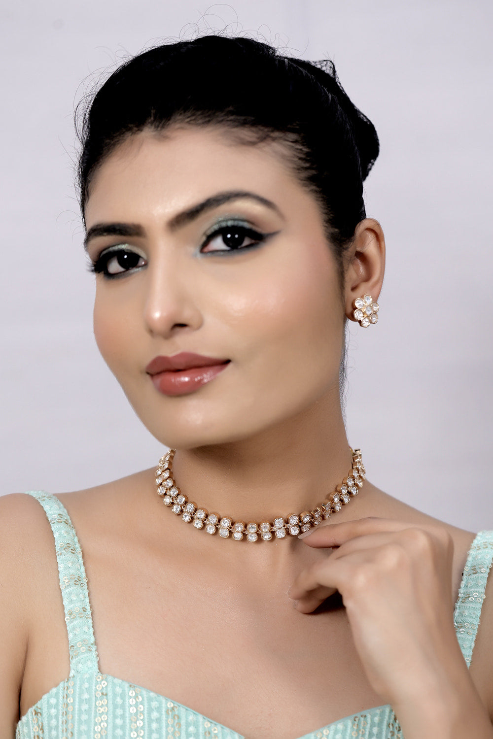 Jadau polki moissanite choker Necklace earring set kchnes240428