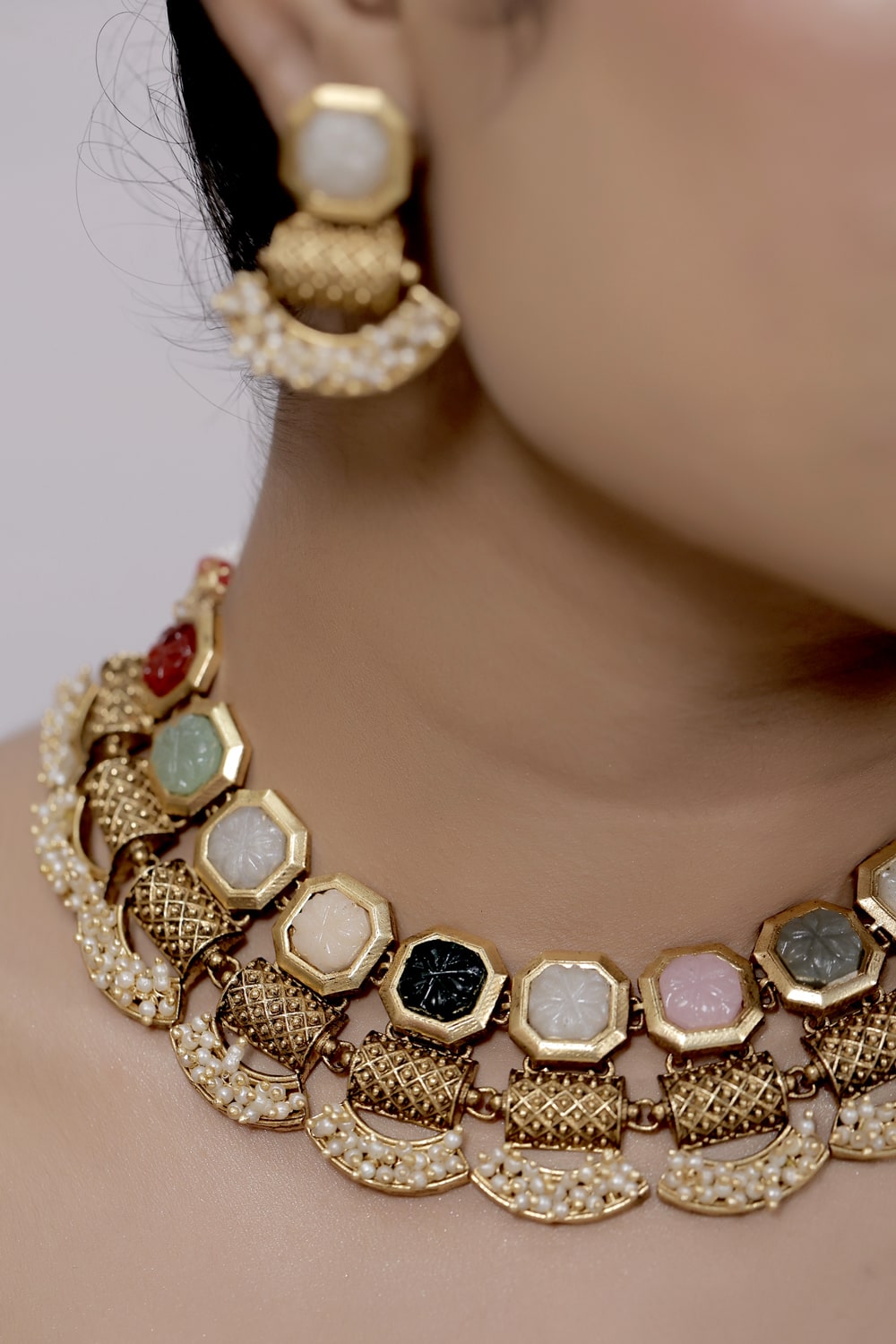 Kundan Choker Necklace Earrings Set kchnes230953