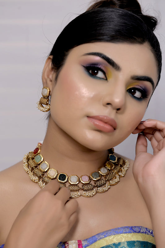 Kundan Choker Necklace Earrings Set kchnes230953