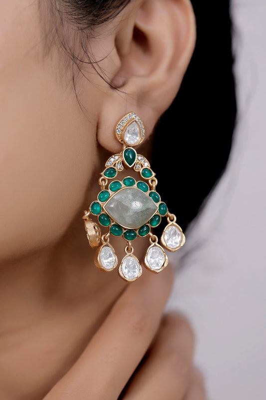 prehnite green stone cz kundan earrings