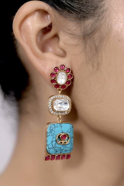 ad kundan turquoise ruby gold drop earrings
