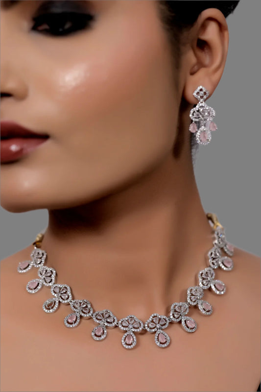 zirconia pink stone necklace set