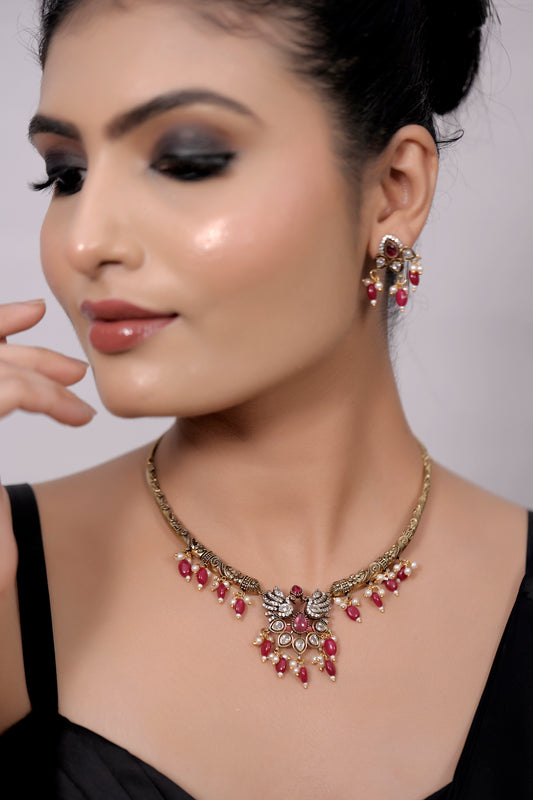 ad zirconia Temple peacock antique gold Choker Necklace Earrings Set