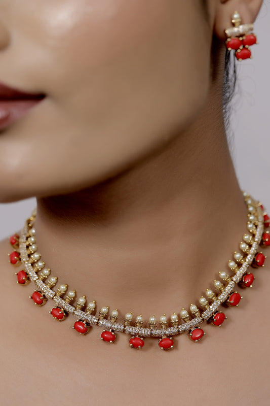 coral cz necklace set
