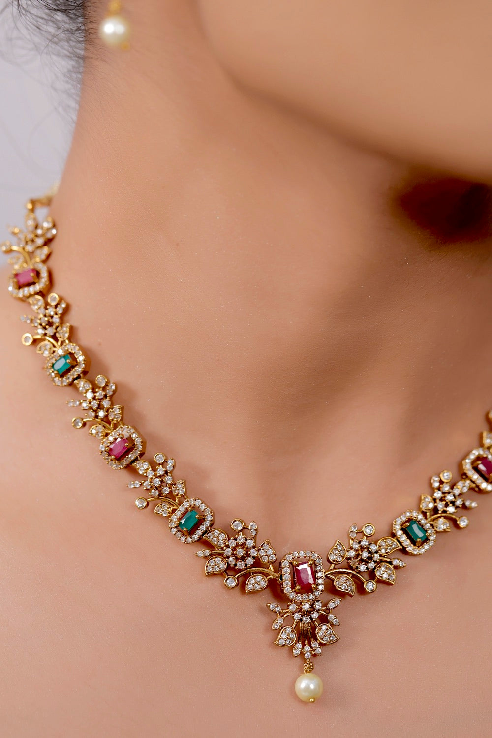 cz delicate floral choker Necklace Earrings Set tchnes250034