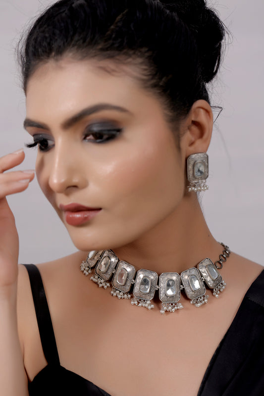 oxidised silver choker necklace earrings