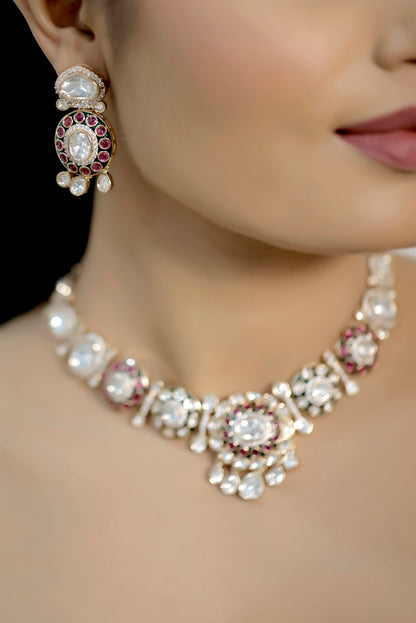 MOISSANITE KUNDAN MEENAKARI PREMIUM QUALITY COLLARBONE NECKLACE DROP EARRINGS 