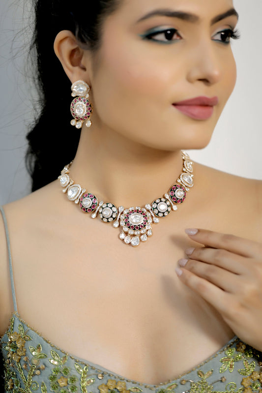 MOISSANITE KUNDAN MEENAKARI PREMIUM QUALITY COLLARBONE NECKLACE DROP EARRINGS 