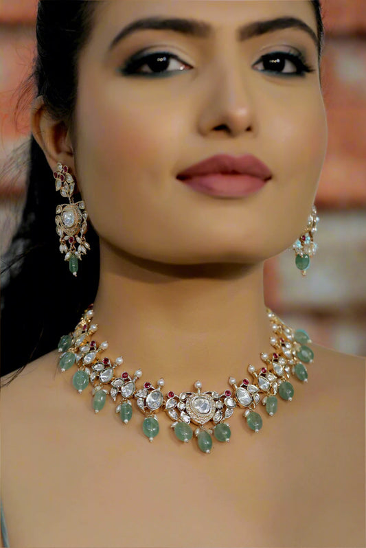 mint ruby pearl delicate tyaani moissanite kundan choker necklace with peacock motifs and drop earrings 