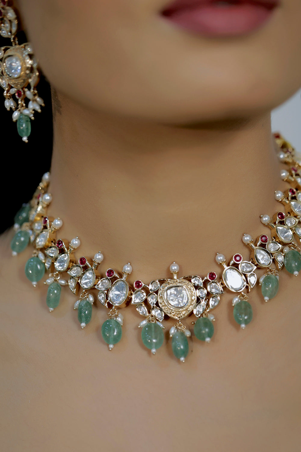 mint ruby pearl delicate tyaani moissanite kundan choker necklace with peacock motifs and drop earrings 