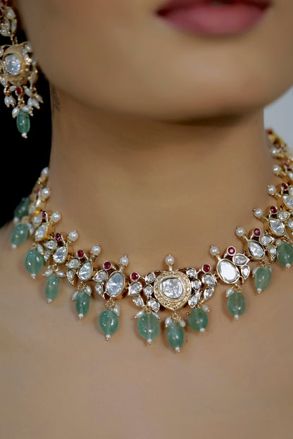 mint ruby pearl delicate tyaani moissanite kundan choker necklace with peacock motifs and drop earrings 