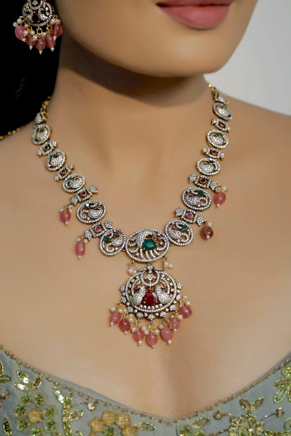 long american diamond necklace with drop earrings in victorian look
