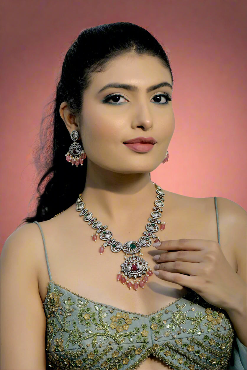 long american diamond necklace with drop earrings in victorian look