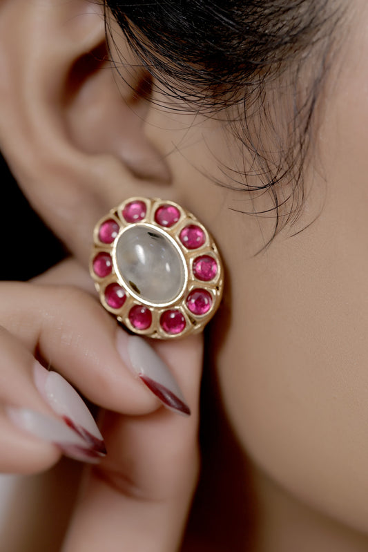 ad kundan oval stud earrings with semi precious stones