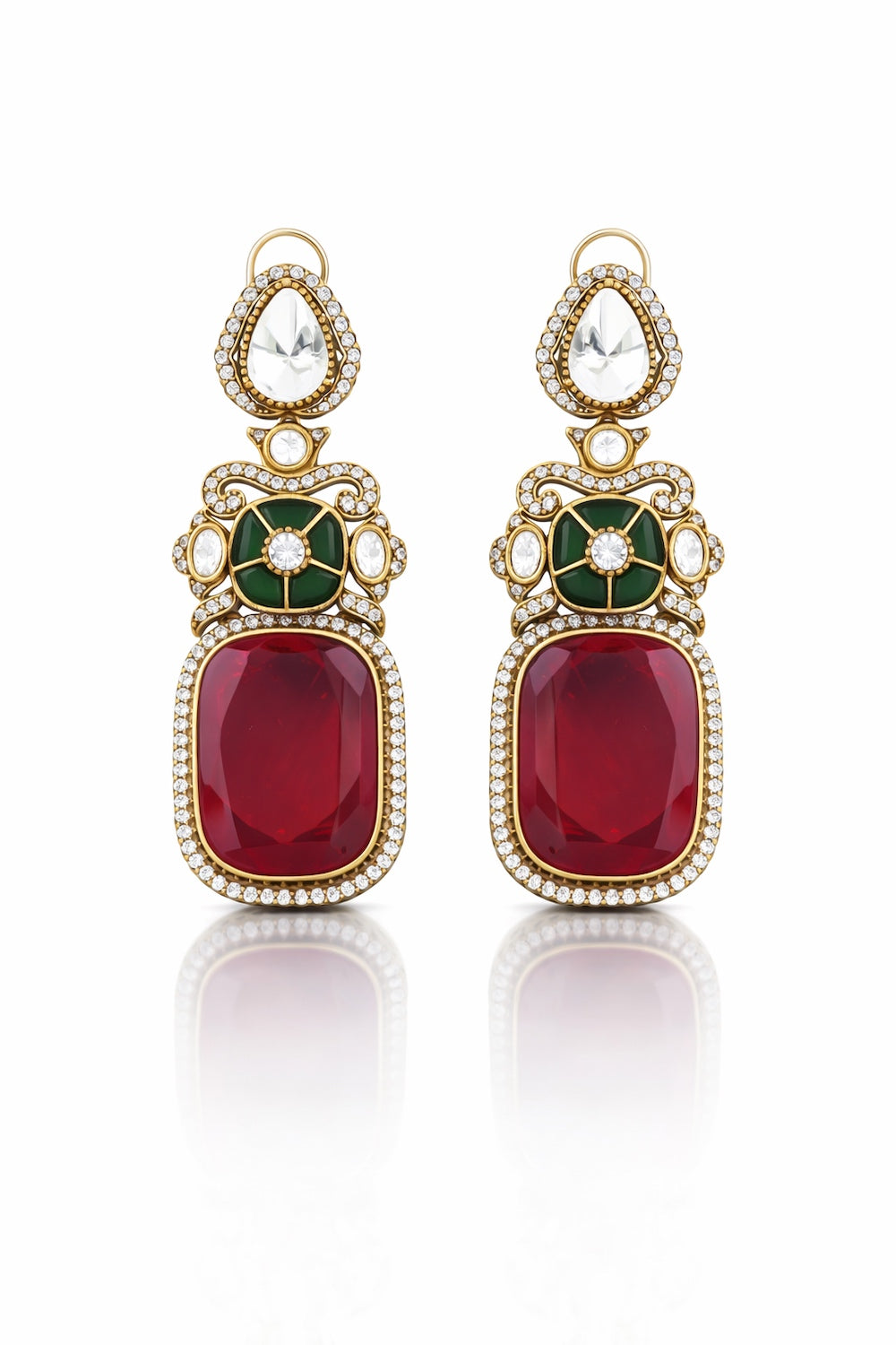 red doublet earrings with cz, kundan, pota stone with victorian gold finish