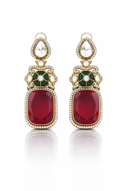 red doublet earrings with cz, kundan, pota stone with victorian gold finish